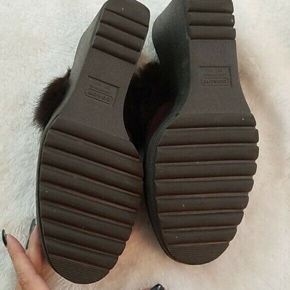Coach Kaela Size 8 Burgundy Suede Rabbit Fur Wedge Mules - Picture 7 of 8